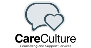 Speech bubble with overlapping heart on the bottom right corner above the words Care Culture Counselling and Support Services